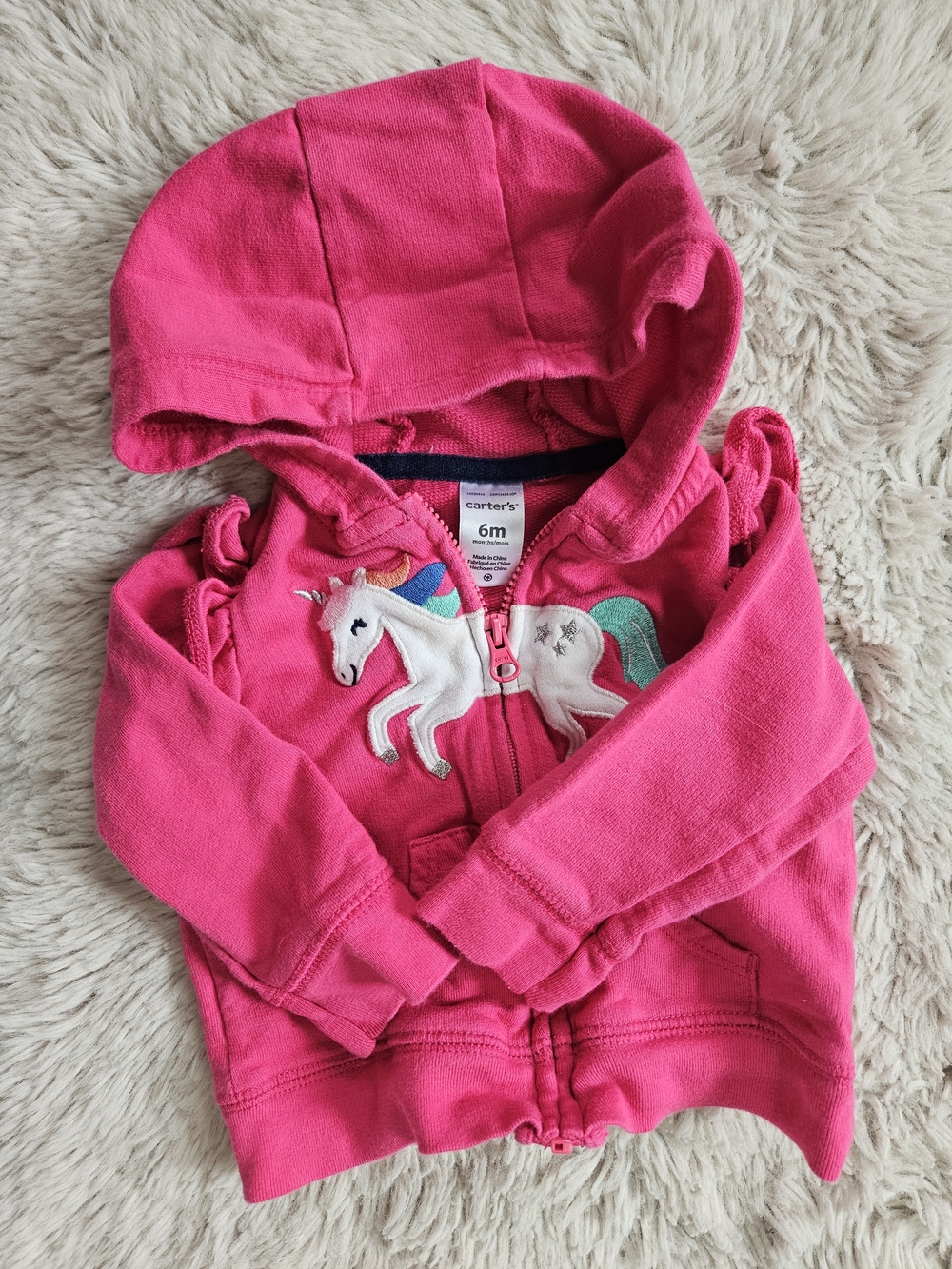 5/20$ Carter's Baby Girl Unicorn Zip-Up Hoodie Pink 6 Months Jacket with Ruffle